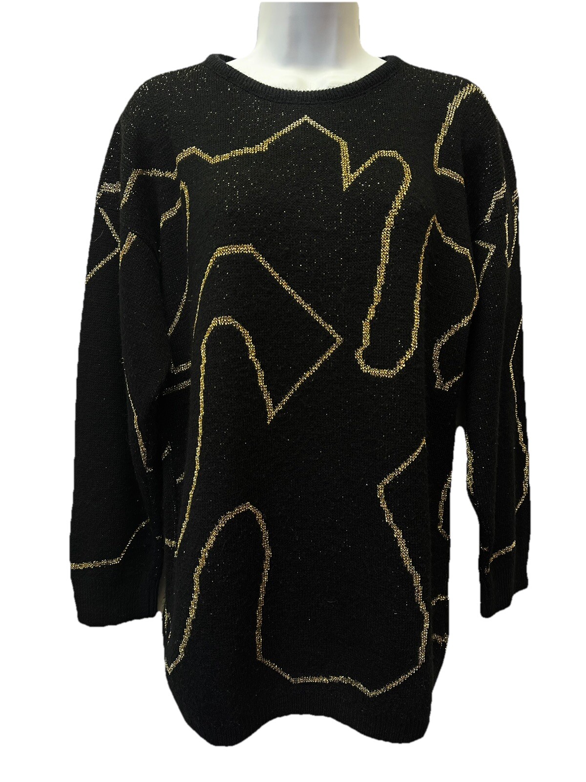 VTG 80s Kate Collins Black and Metallic Gold Knit Pullover Sweater M 46″ Bust