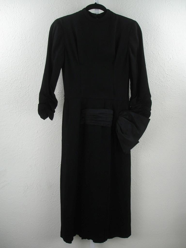 Women’s sz XS Vtg 1920’s Black Crepe Dress Peplum Bow Ruched Sleeves Long Sleeve
