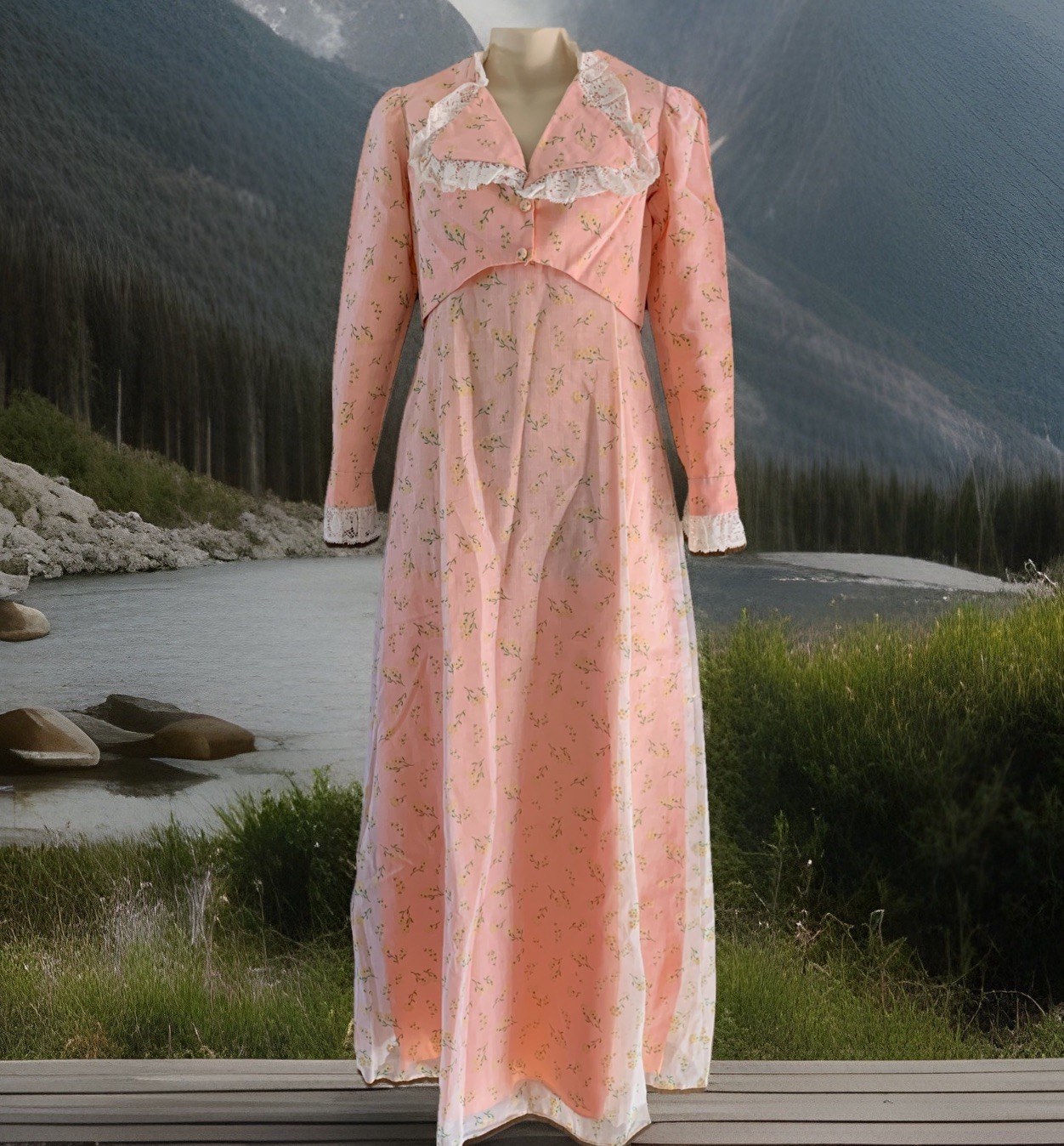 60s-70s Sheer Flocked Cotton Dress Maxi Gown Formal Bolero Peach Lace Regency