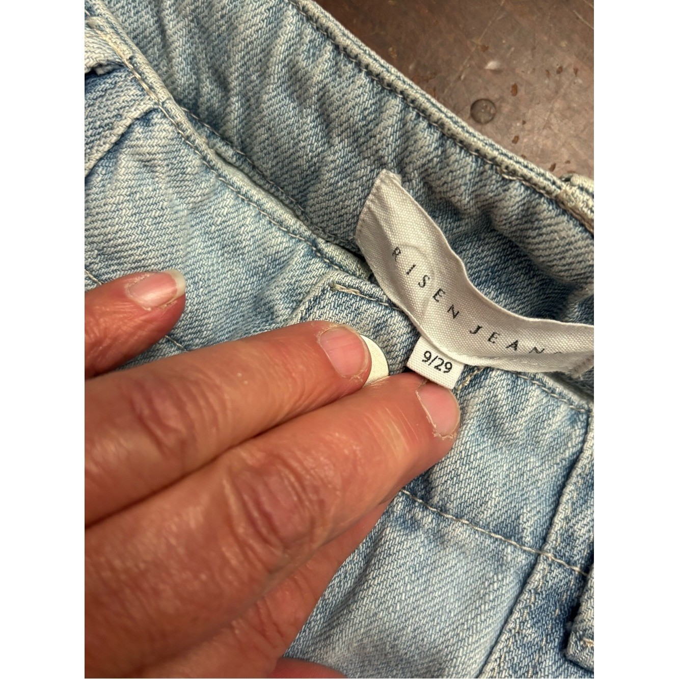 Risen jeans cinched ankles blue white washed jeans old school pockets 9/29 rare