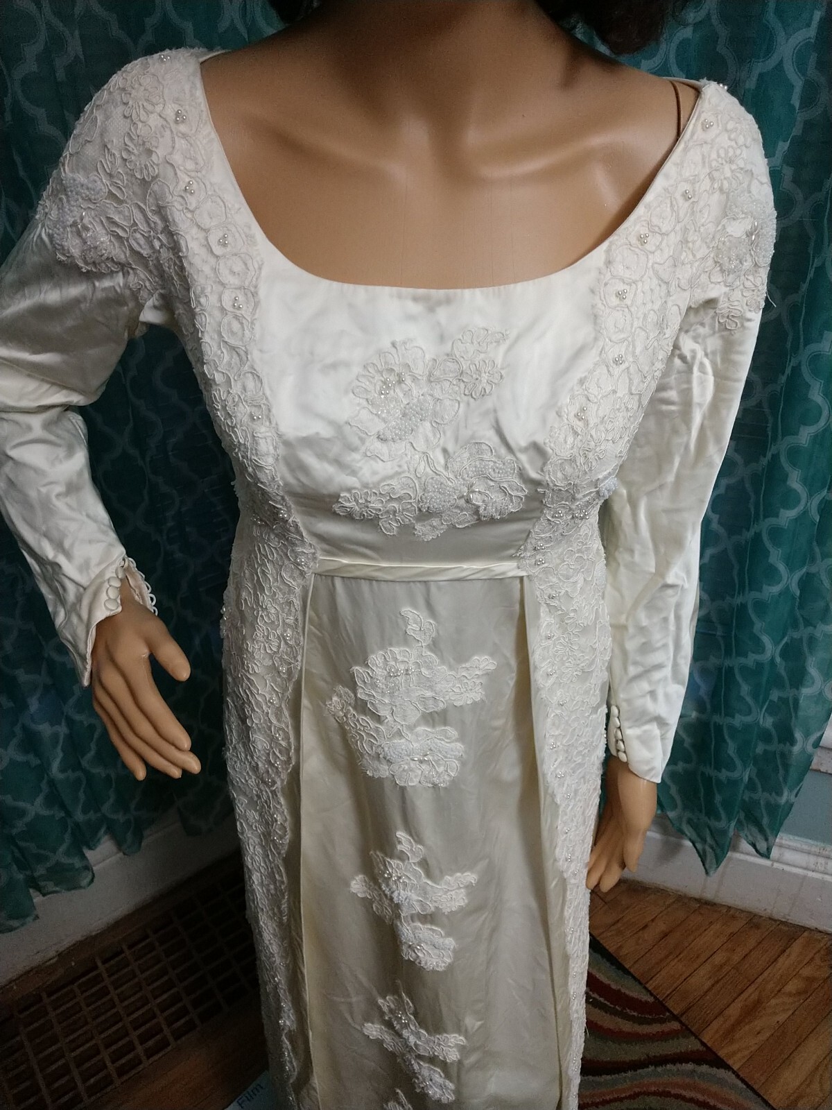 Vintage 1960’s Juliet champagne Satin Wedding gown Long Sleeves Empire waist