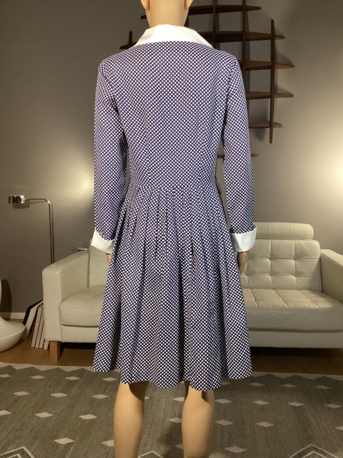 Vintage 70s Aldens Fashions Blue White Polka Dot Dagger Collar Fit & Flare Dress