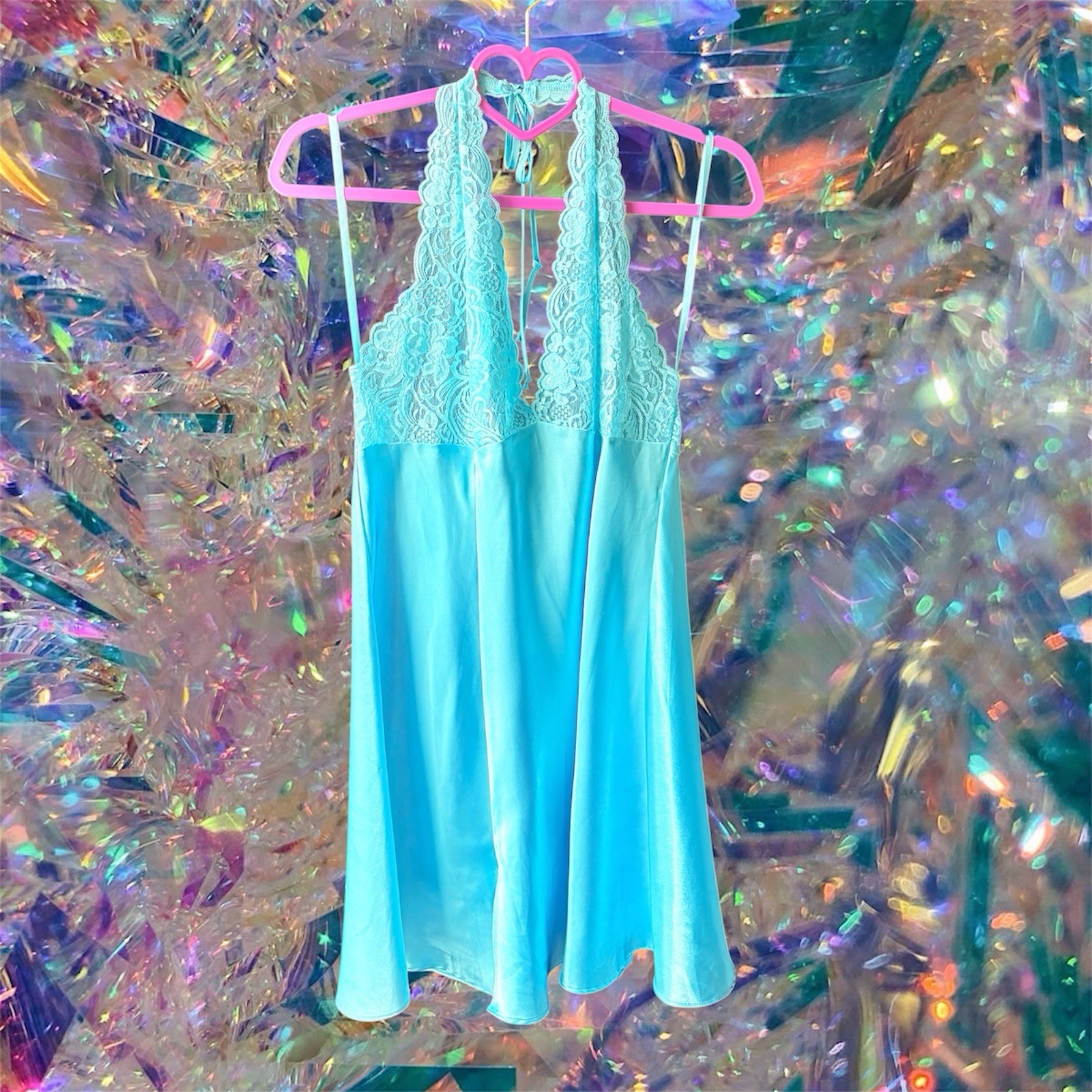 VTG Frederick’s of Hollywood Blue Satin Lace Dress Lingerie Size L Sexy Backless