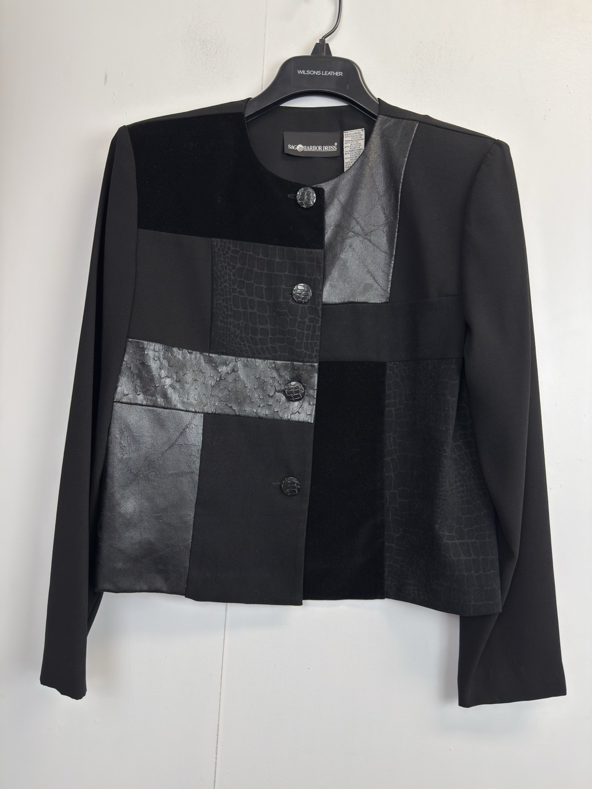 Sag Harbor Women’s 10 Blazer Jacket Patchwork Button Front Faux Leather Black