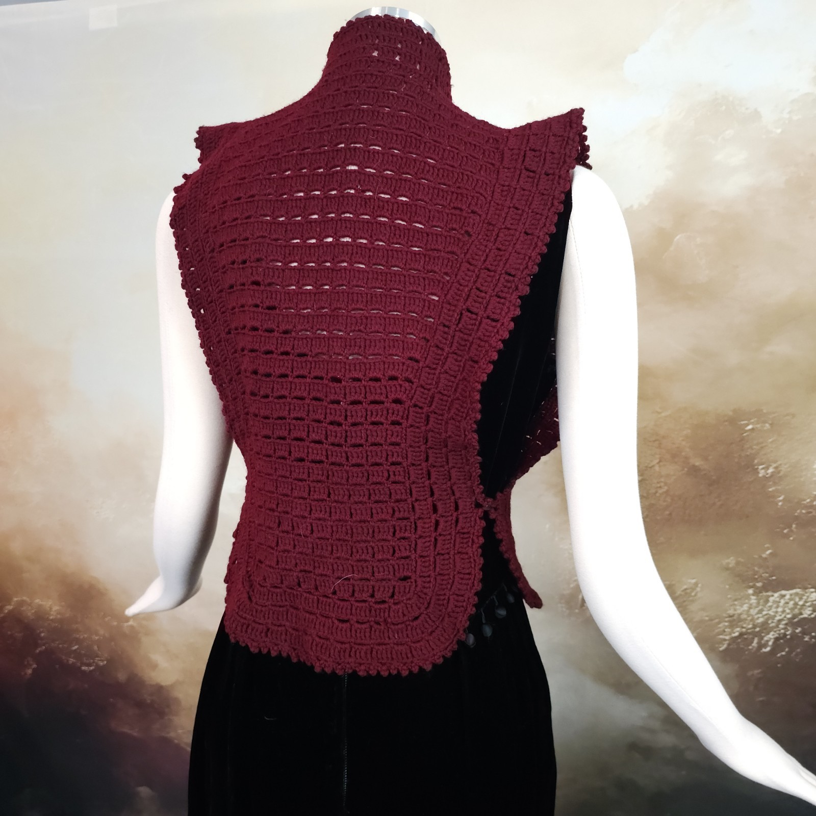 Burgandy Red Crochet Antique Vest 1920s 1930s Art Deco Sweater Shawl Bow Ties…
