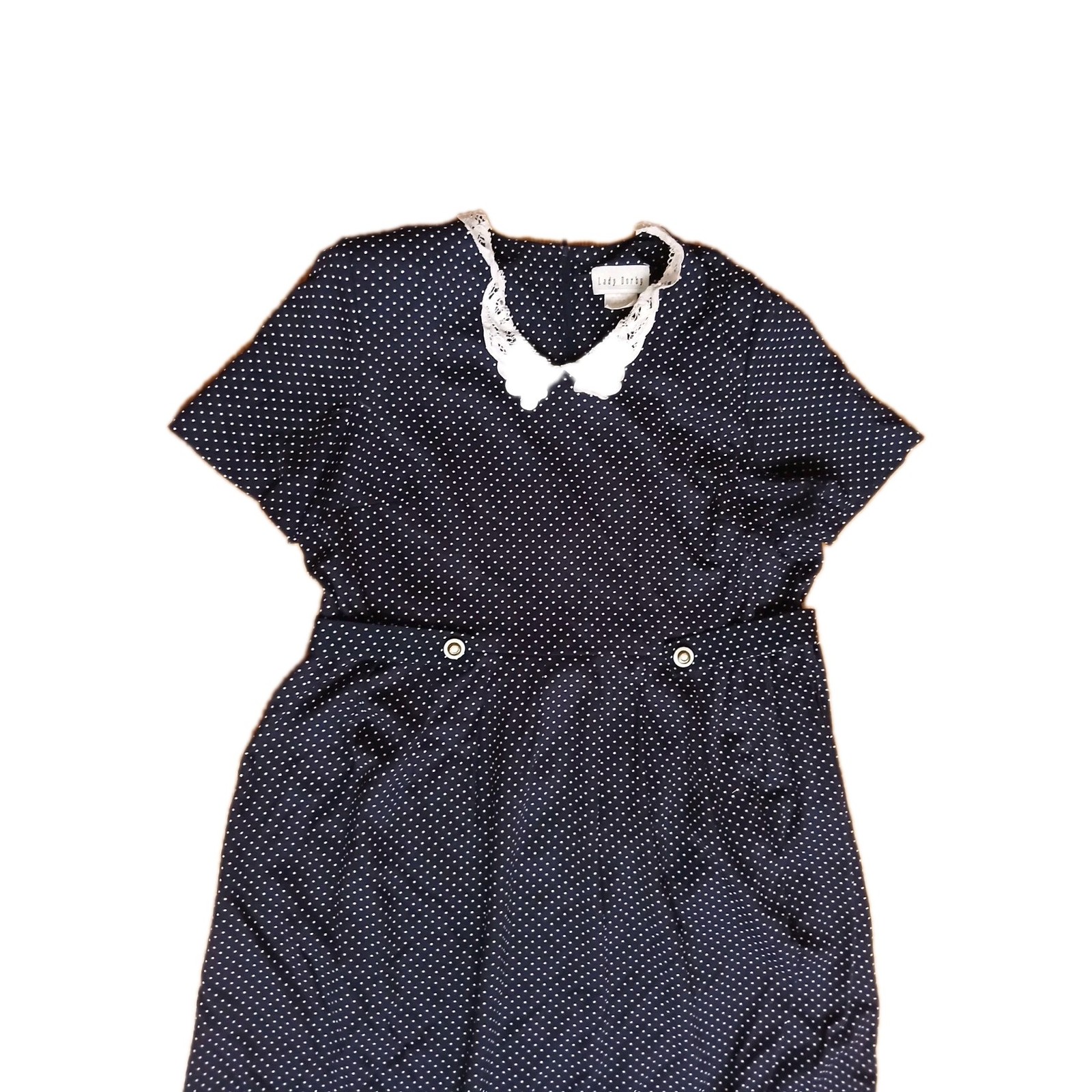Vintage Miss Dorby Polka Dot Long Dress Hand Crochet Lace Collar Navy 20w