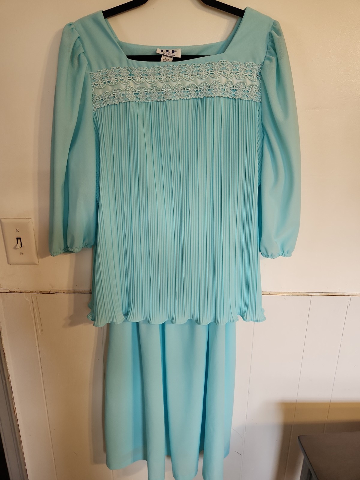 Vtg 70/80s Cue Fashion Pleated USA Made Dress Lace Women Sz 16 Golden Girl Style