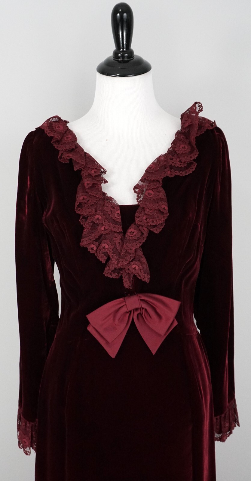 Vintage Carnival Red Burgundy Velvet Long Sleeve Lace Ruffle Victorian Dress 4