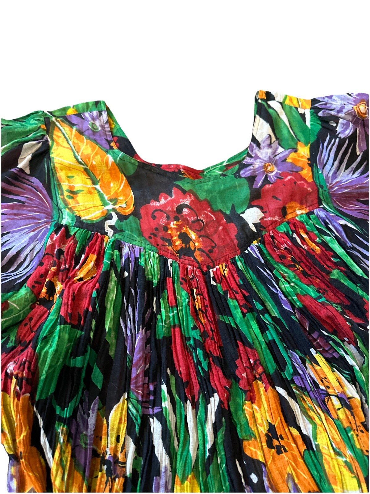 Vintage 80’s Sita Colorful 100% Cotton Trapeze Short Sleeve Dress Size S Nepal