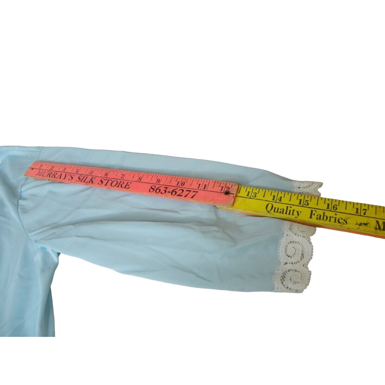Vintage Komar Blue Nylon Robe Average Medium 3/4 Sleeve Lace Trim Button Front