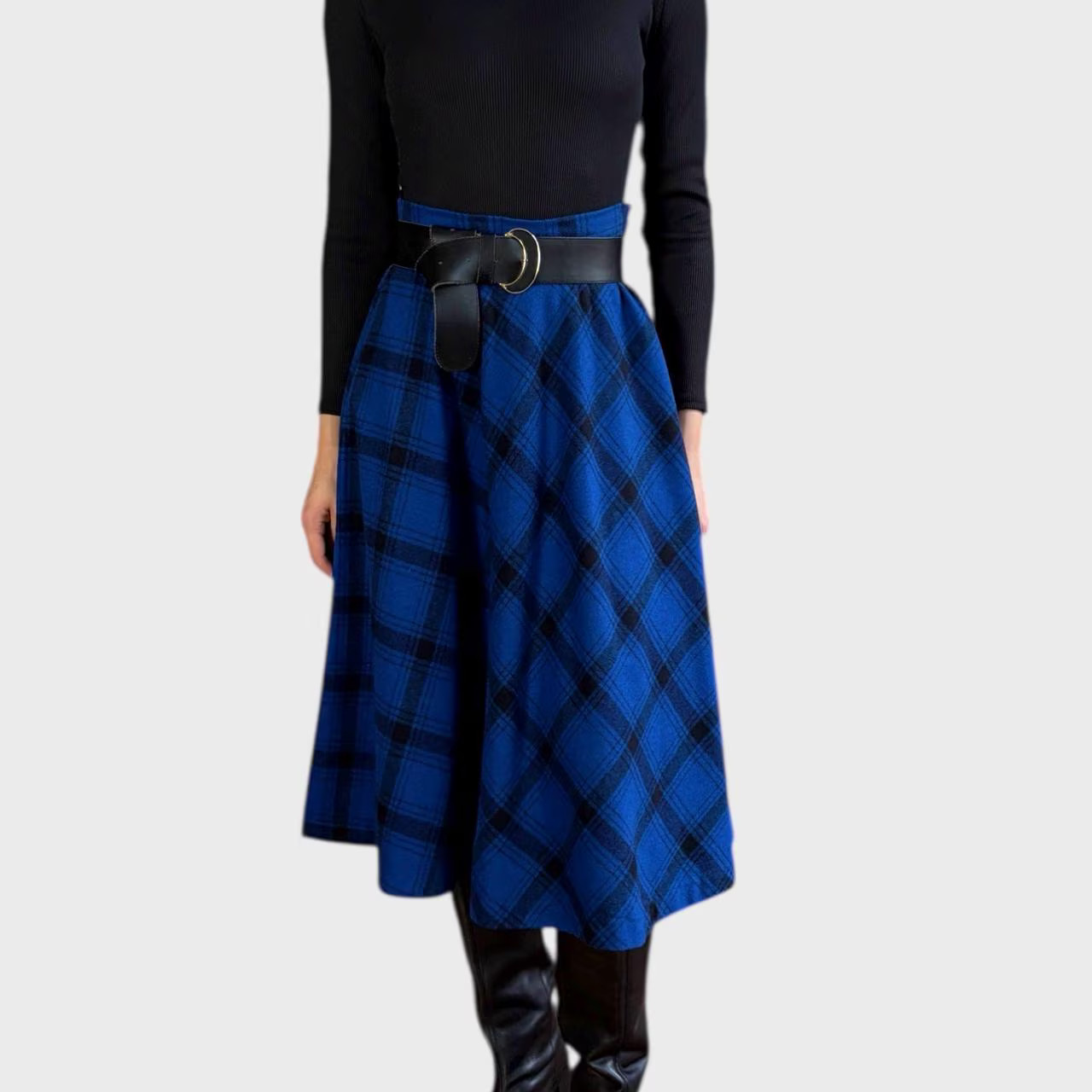 Vintage 90s Blue Plaid Wool Blend Midi Skirt | High Waist A-Line size US8/ EU40
