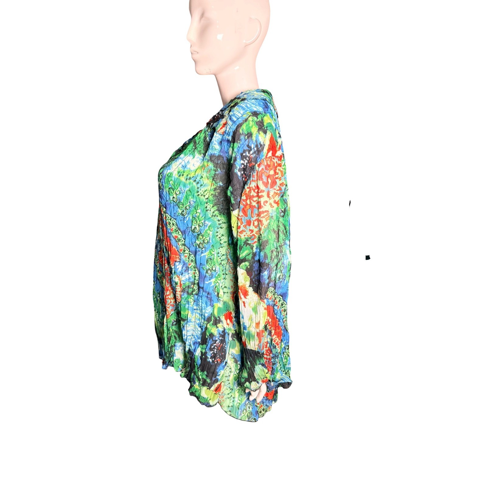 Vintage 90s Alberto Makali Crinkle Tunic Blouse 2X Multi Color Abstract Pleated