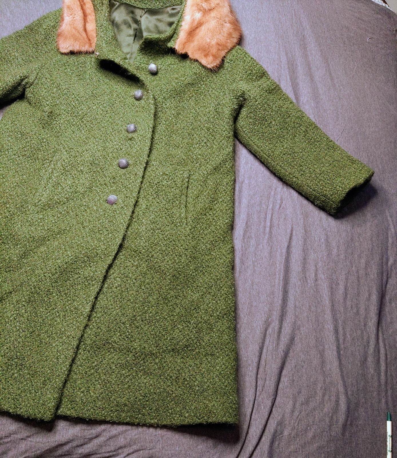 Vintage Midbrooke NY Mink Coat Fur Trim Collar Green Princess Line Mid Century