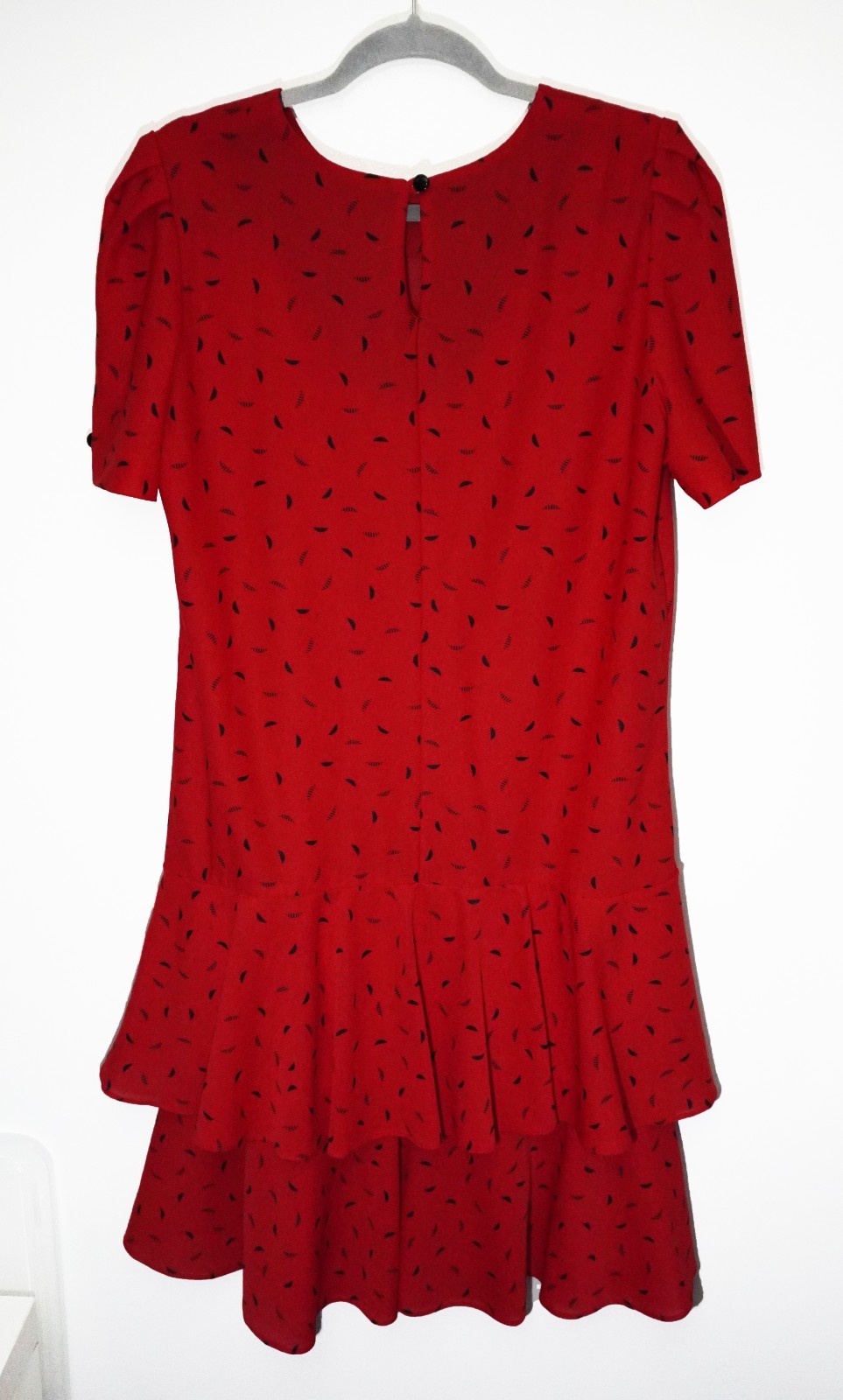 Vintage 80s Twee Red Drop Waist Dress Puff Sleeves Teacher Ruffles Womens 14
