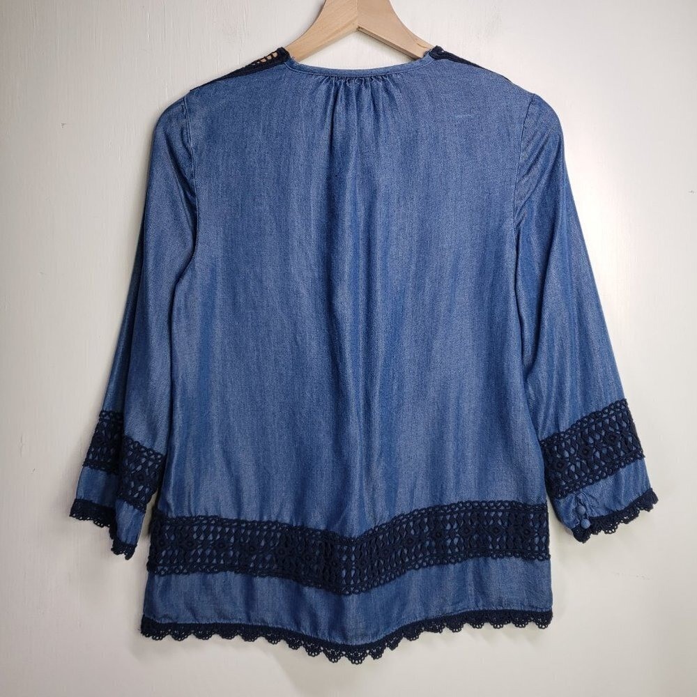 Nanette Lepore Tencel Victorian Blouse S Crochet Lace Neckline Blue Top Shirt