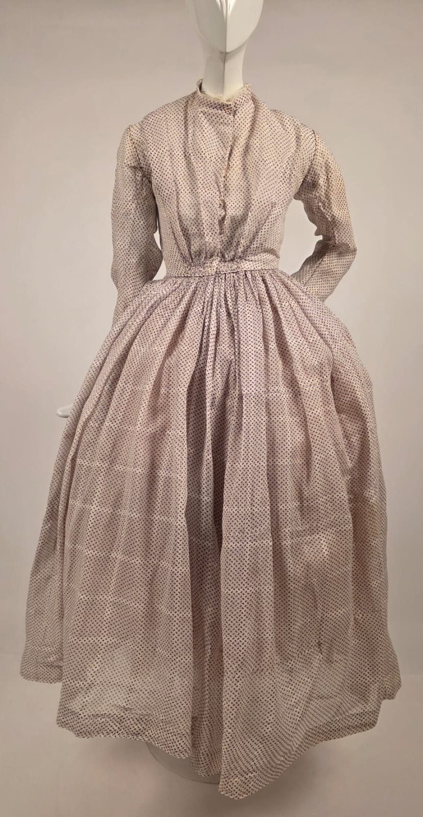 HANDSEWN CIVIL WAR 1850’S PRINT + WINDOWPANE MUSLIN DRESS MUSEUM QUALITY