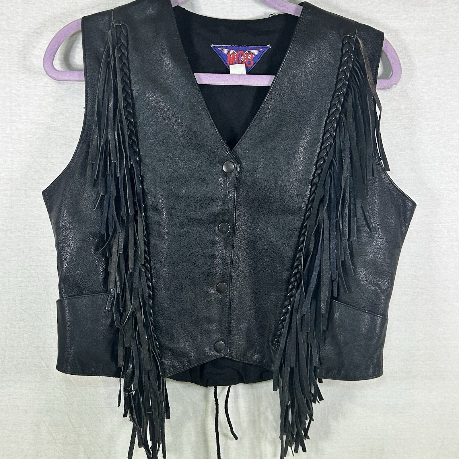 Vintage MOB Genuine Black Leather Motorcycle Vest Womens Medium Tassels Biker