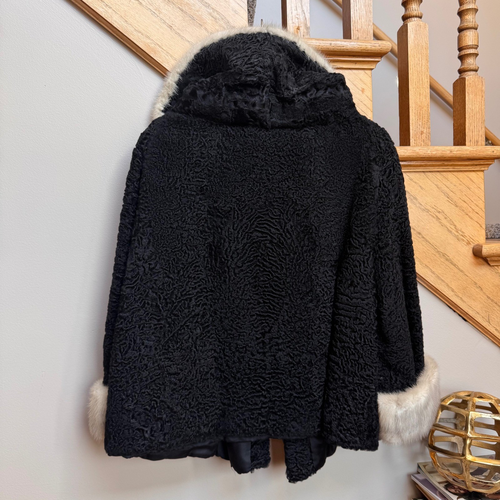 VTG Mink Trim Swakara Genuine South African Karakul Lamb Fur Swing Coat XL/1X