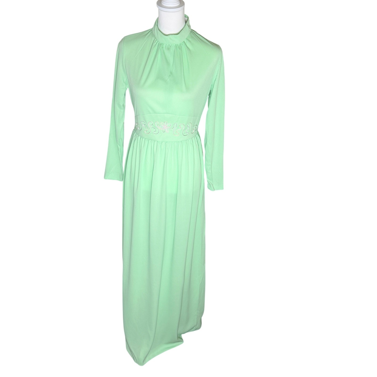 VTG Sears Mint Green Empire Waist Maxi Dress 1970’s Prairie Boho Cotagecore