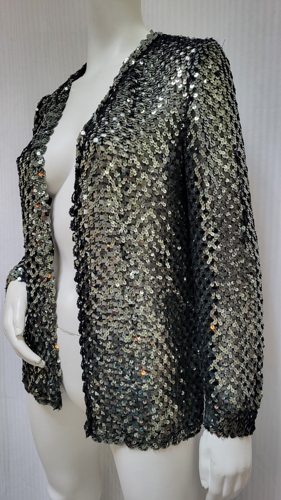 Vintage THREE FLAGGS California Black & Silver Sequined Cardigan Jacket – Size M