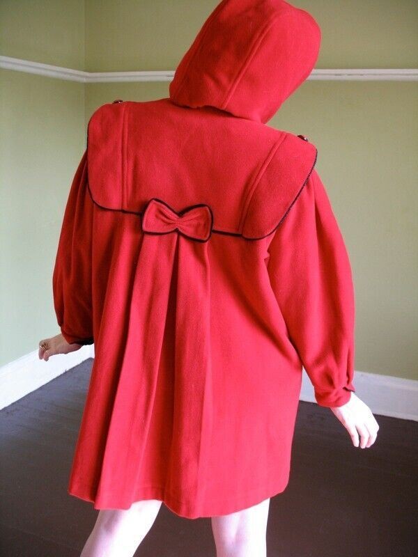 VTG Little Red Riding Hood Wool Coat Incredible Pleating & Details Blk Trim S M