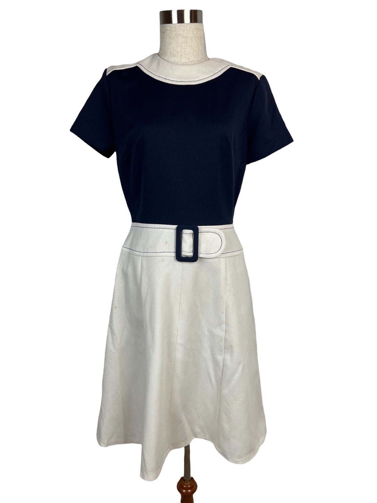 Vintage 1960s Mr. Bob of California Mod Dress Blue White Colorblock Belt Small