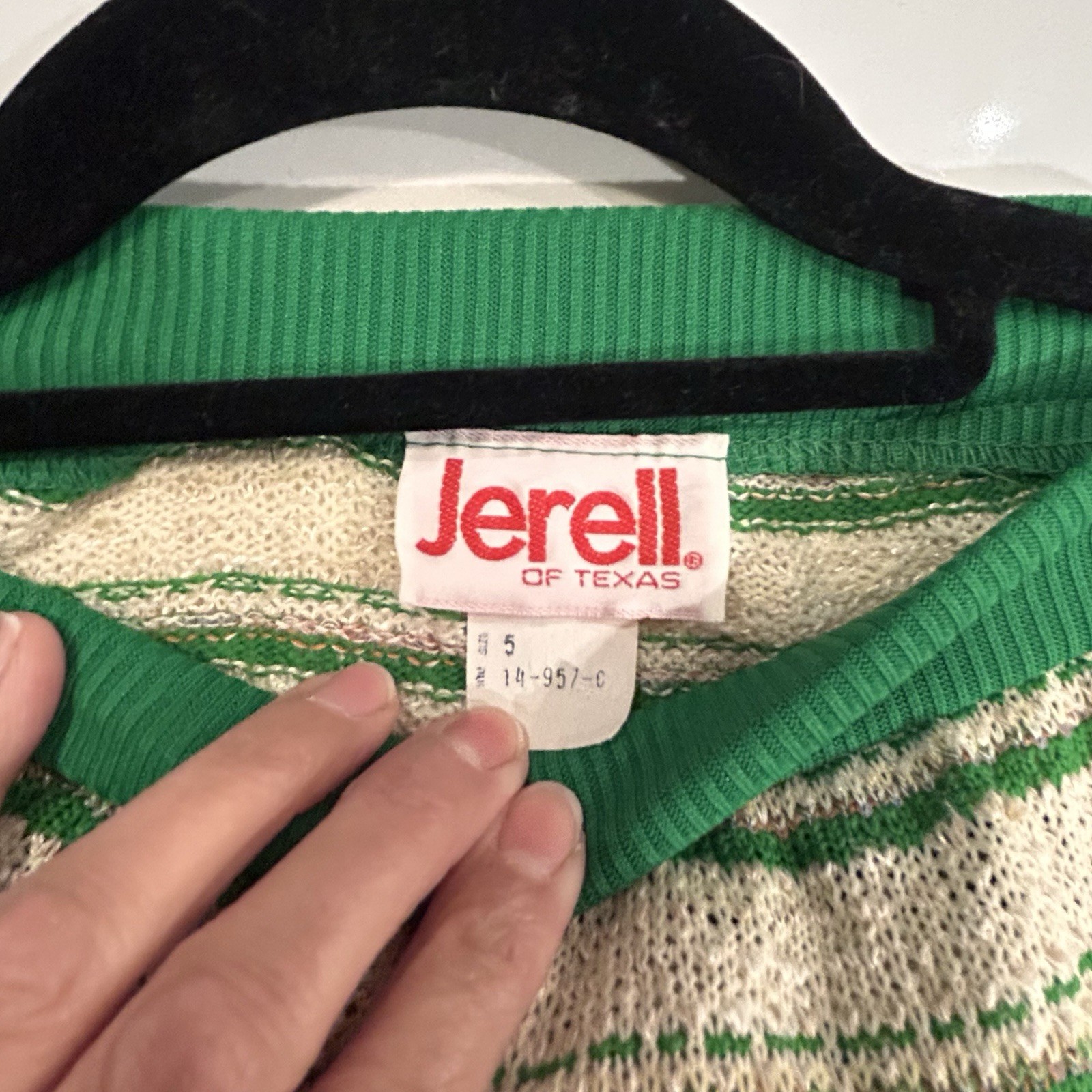 Vtg 1970 Jerell of Texas Green Beige Metallic Striped Sweater Sheath Dress Sz 5