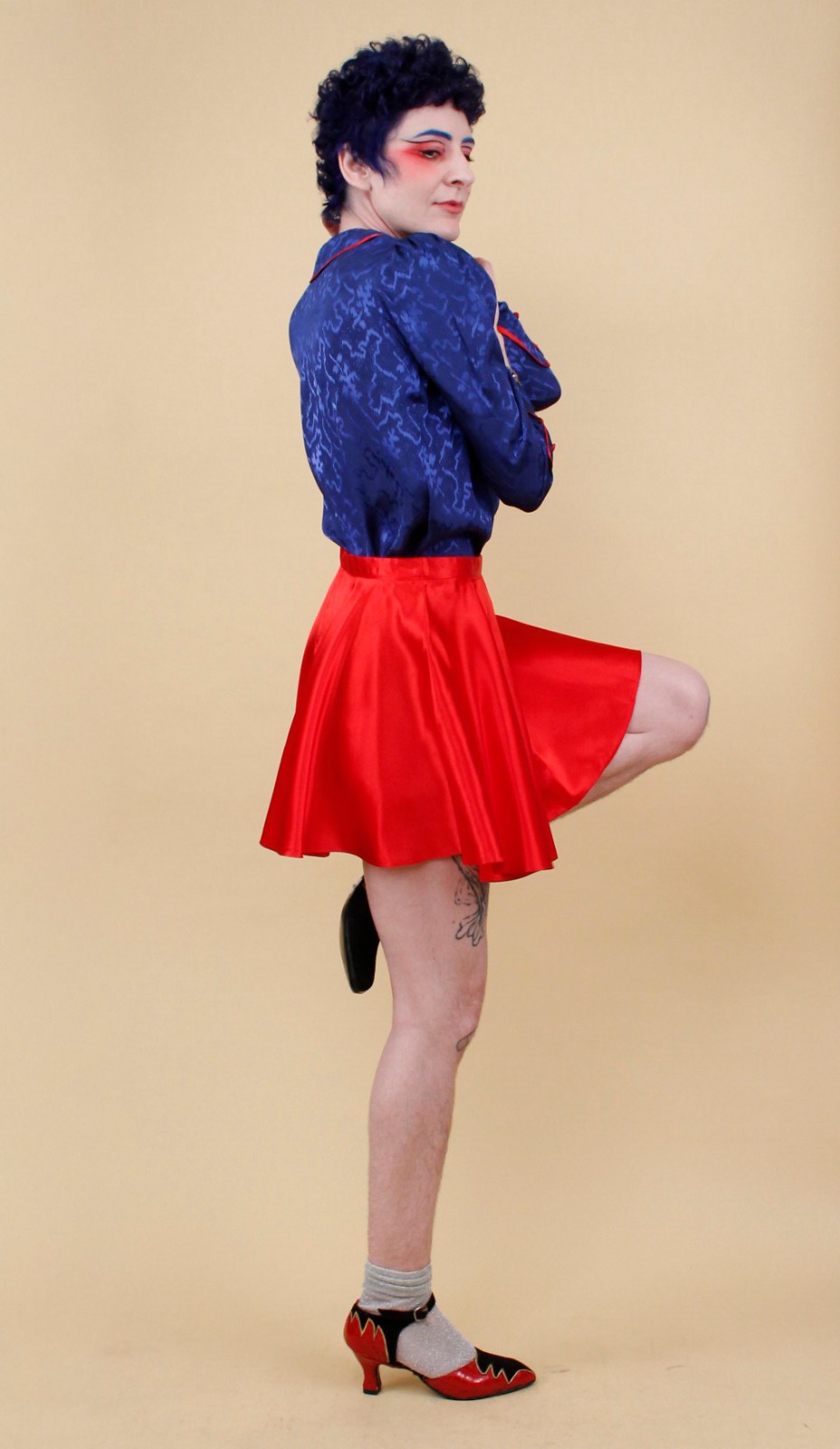 80s Vtg Blue Satin Sailor Moon Style Collar Blouse Shirt Button Up Nautical B34″
