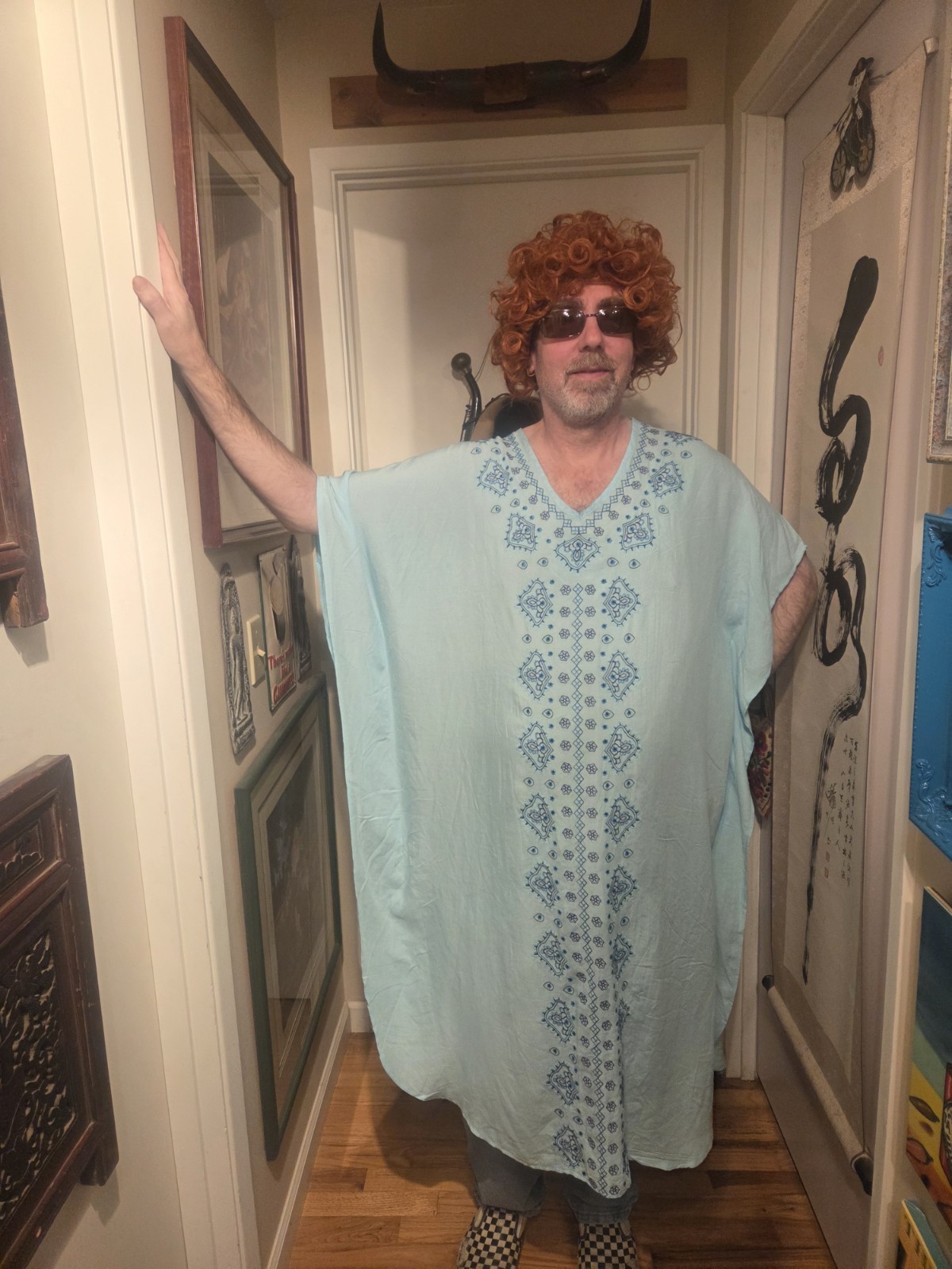 Vintage 90’s 100% Rayon Light Blue Embroidered Caftan Kaftan Mumu Mrs Roper Romp