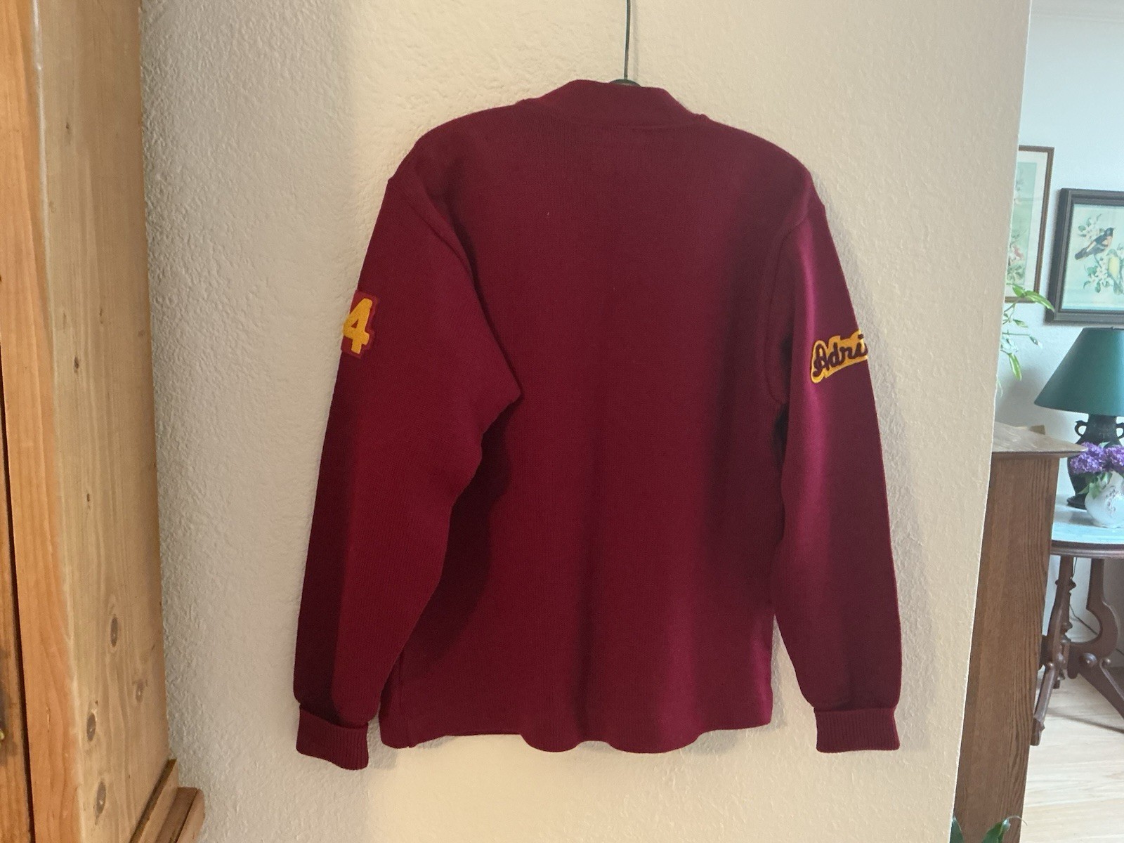 VTG Woman’s Letterman /Cheerleader Sweater Heavy Wool Knit Maroon/Gold 1964