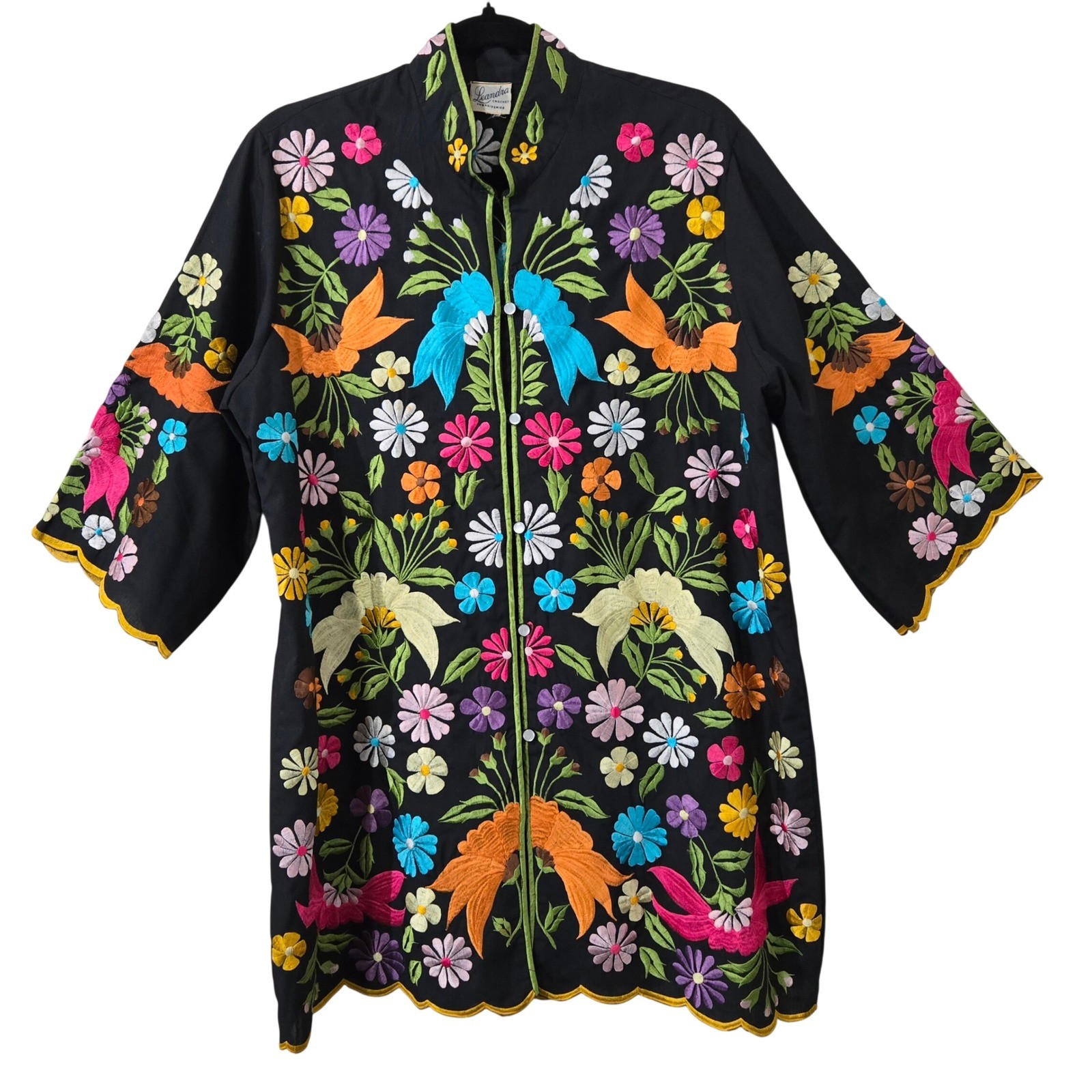 Leandra Vintage Embroidered Floral Bird Tunic Black Mandarin Collar Scallop LG
