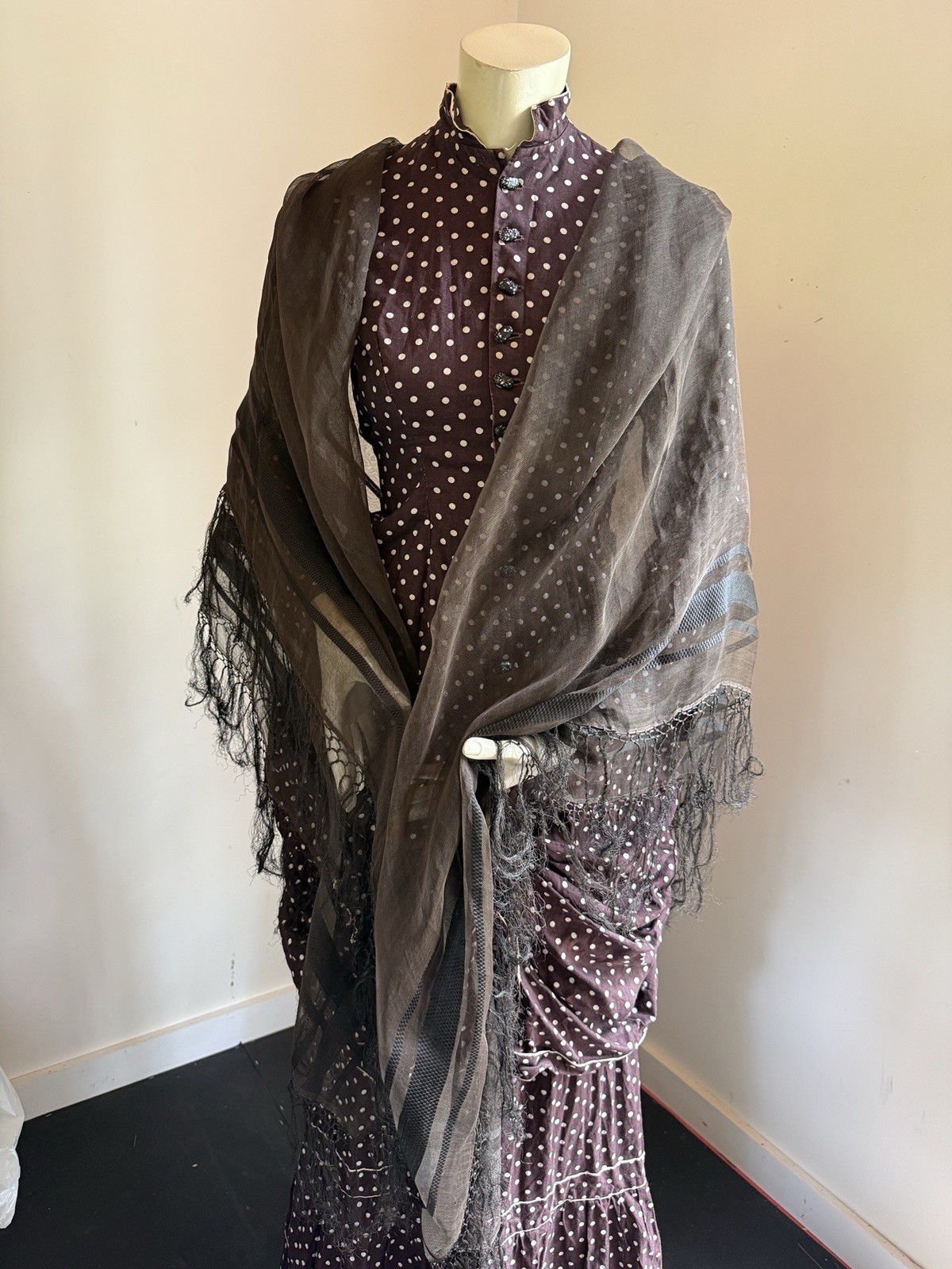 ANTIQUE 1860 CIVIL WAR ERA SHEER SILK FRINGED SHAWL WITH RIBBON WEAVE DETAIL