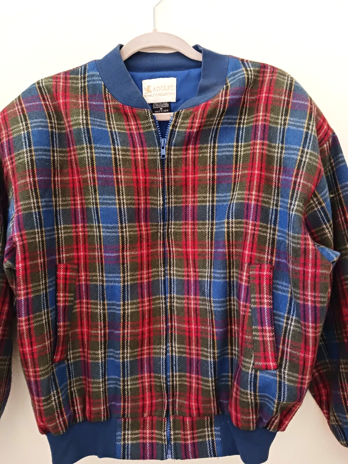 1980s Adolfo Royalty Collection M 48″ Blue Red Tartan Plaid Wool Bomber Jacket