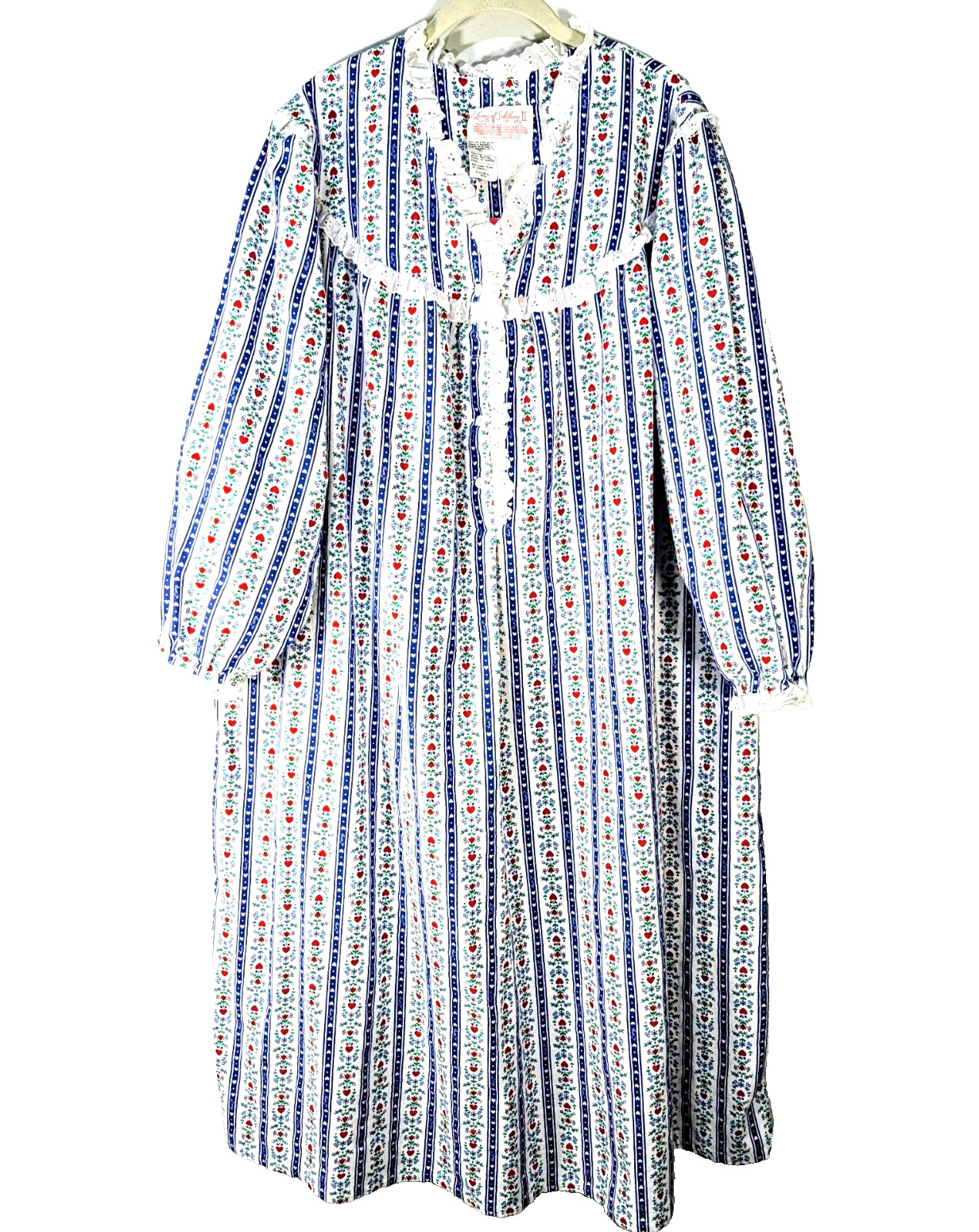 NEW LANZ 2X Tyrolean Hearts Floral Stripe Eyelet Lace 49″ Long Flannel Nightgown