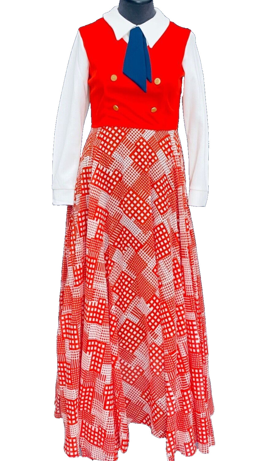 Vintage 1970s red white blue maxi dress, shirt vest long sleeve military collar