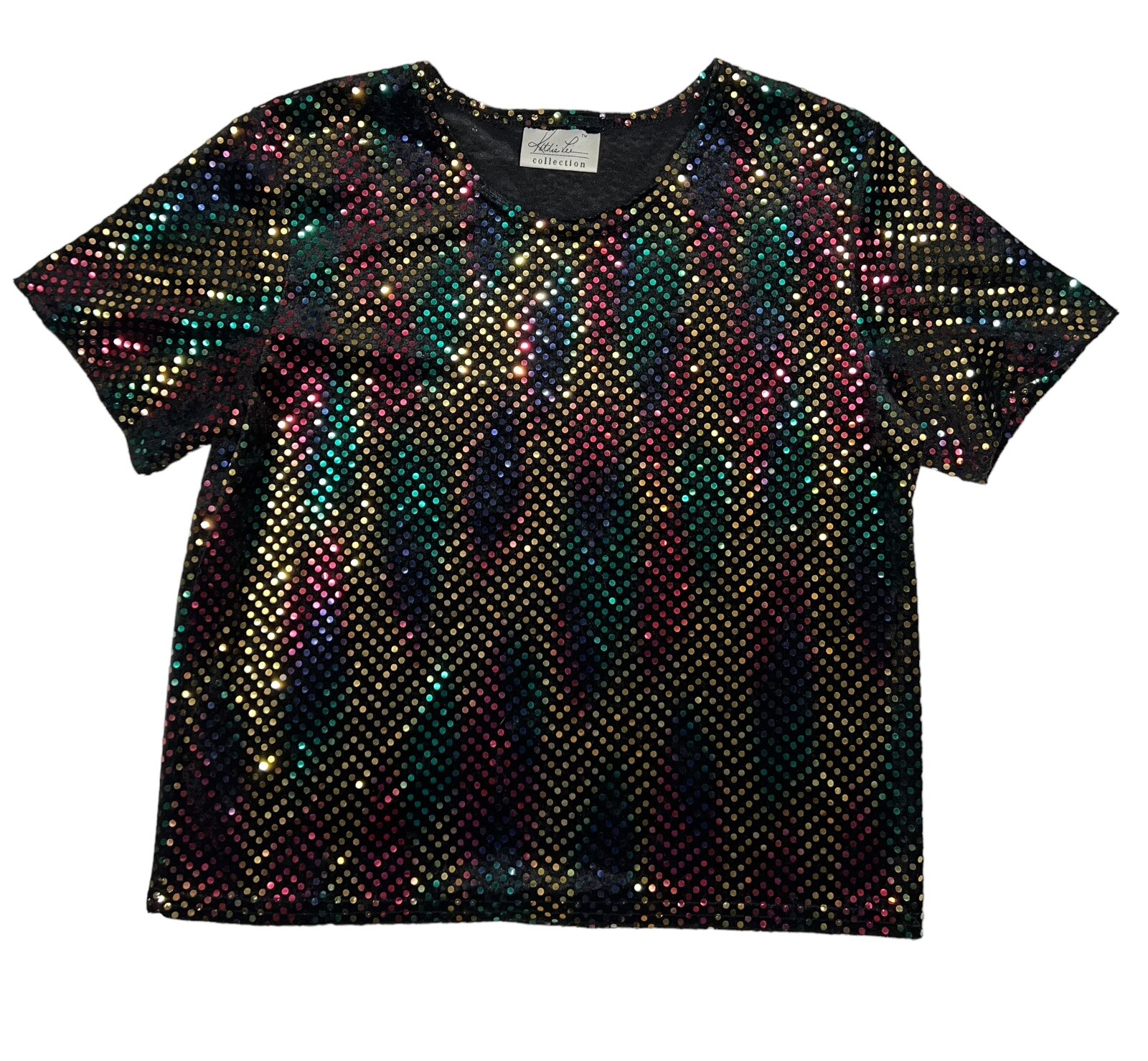 RAINBOW SNAKESKIN SEQUIN VELVET TOP SHIRT POP DIVA 1990s CLUB RAVE VINTAGE Y2K L