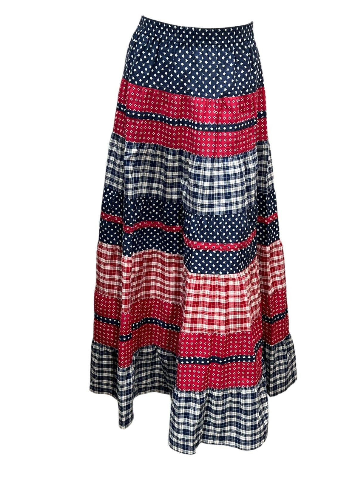 Vtg 90s Sz M R/W/B Tiered Maxi Skirt CottageCore Praire Cotton Prairie Cambridge