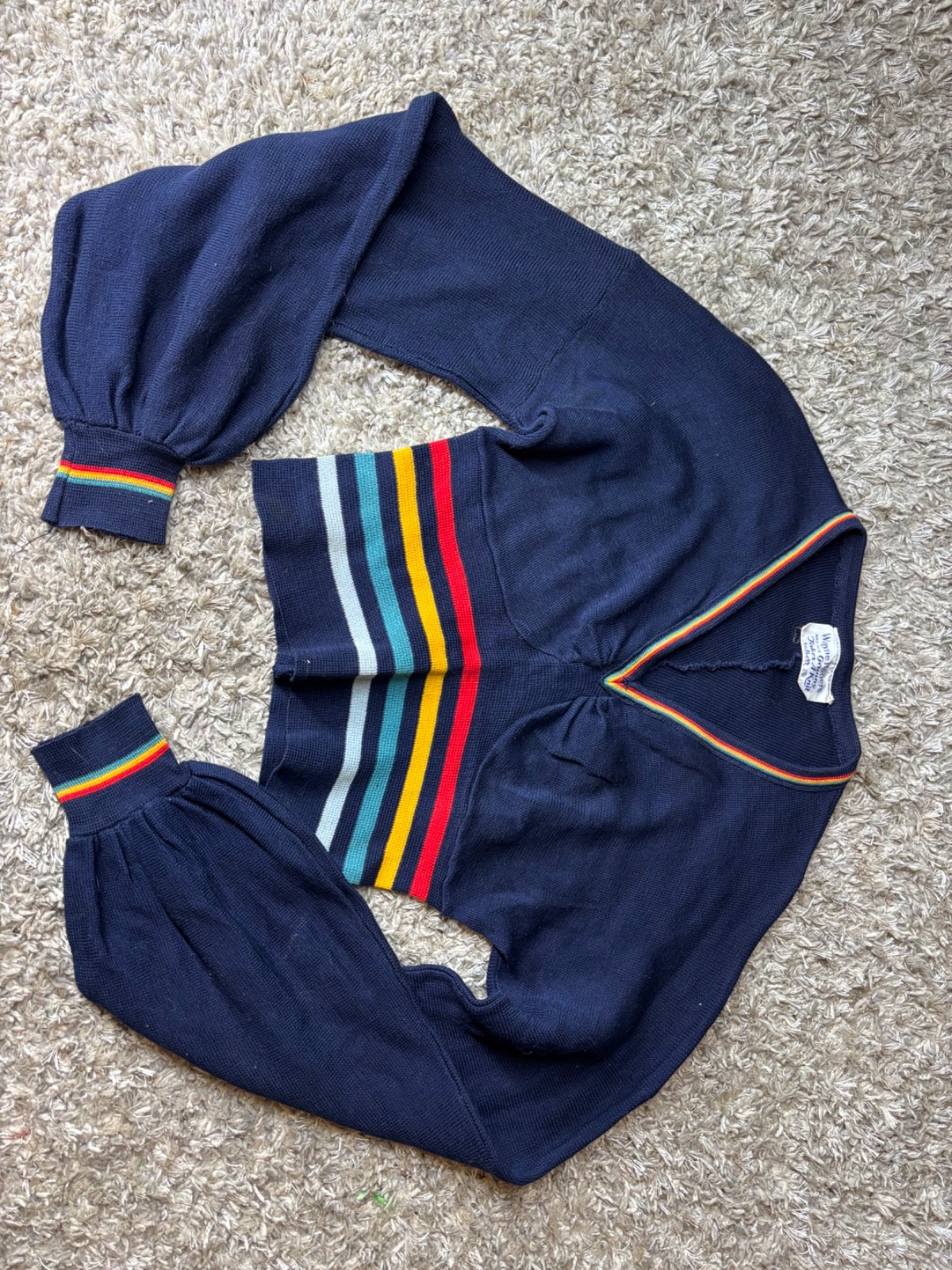 Vintage 70s Wayne Rogers Granny Takes a Knit Rainbow Balloon Sleeve Sweater SM