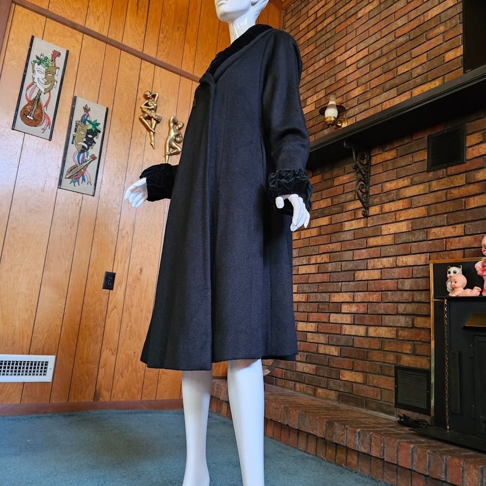 Vtg 50s Lilli Ann Velvet Shawl Collar Swing Princess Opera Formal Wool Coat L/XL