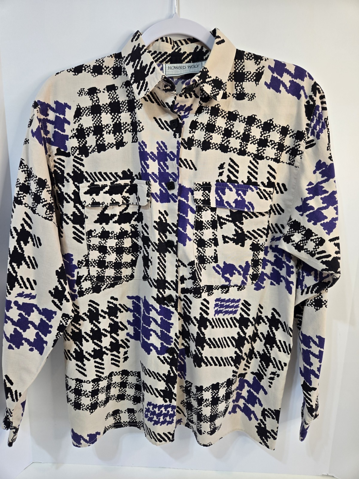 Vintage Howard Wolf Dallas M Button Up Shirt Blue Black White Made In USA