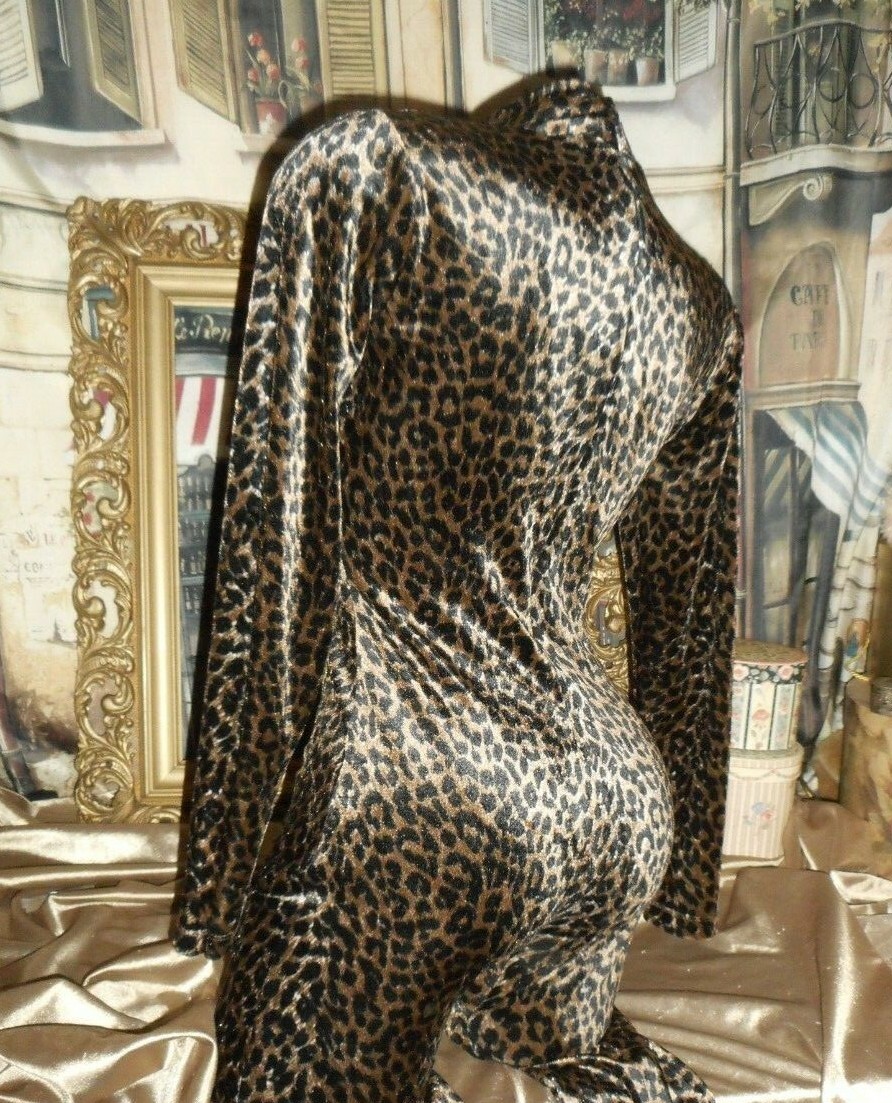 Velveteen Leopard Cheetah Bodysuit Long Sleeve Long Leg Mock Turtle Black Gold