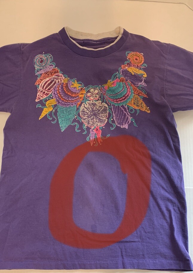 Vtg 90s Panama Jack Granny TShirt L ? Purple Shells Glittery Distressed Sea