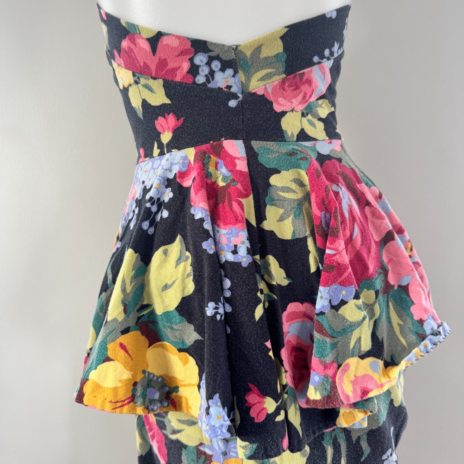 80s vtg BETSEY JOHNSON Floral Peplum PUNK LABEL Stretch Cotton Midi Dress P