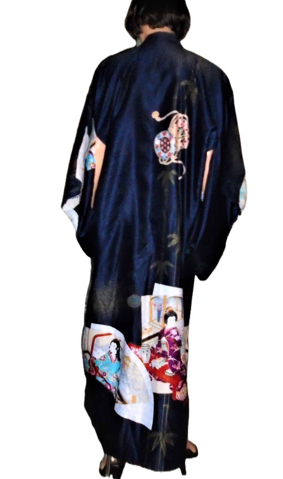 Vintage Navy Blue Asian Kimono Robe One Size