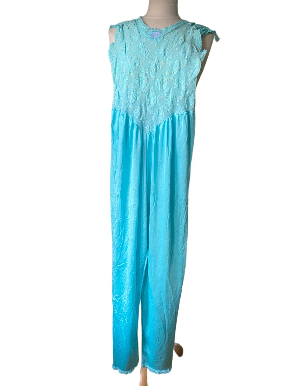 Vintage 80s Lady Cameo Dallas Blue Nylon Golden Lace Jumpsuit Lingere