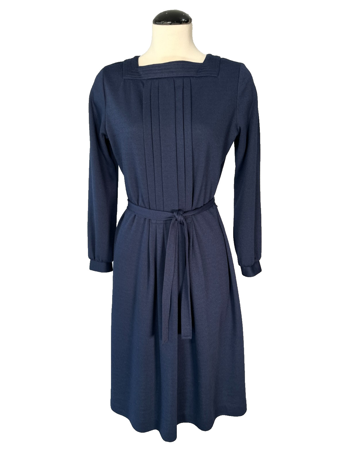 VTG 70s Twee Navy Blue Pleated Dress Square Neck Belted Aline Midi Secretary S/M