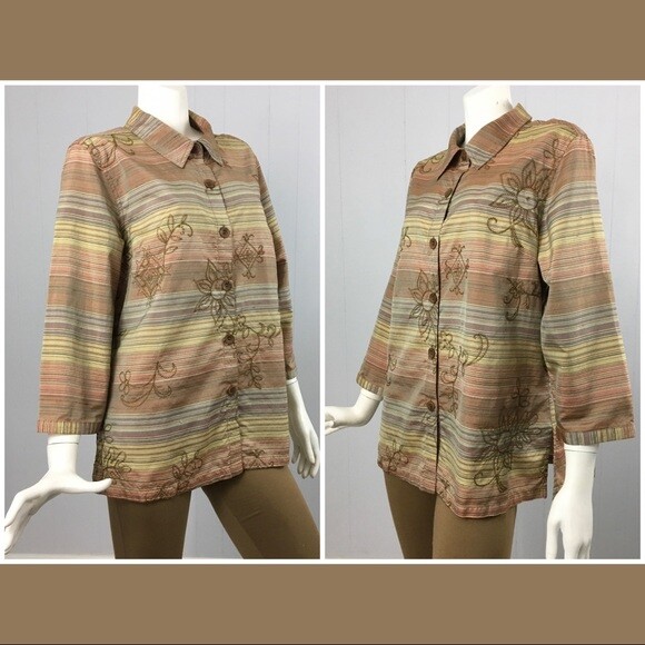 Vintage Koret City Blues Large Brown Silk Shirt Multi Color Striped Blouse
