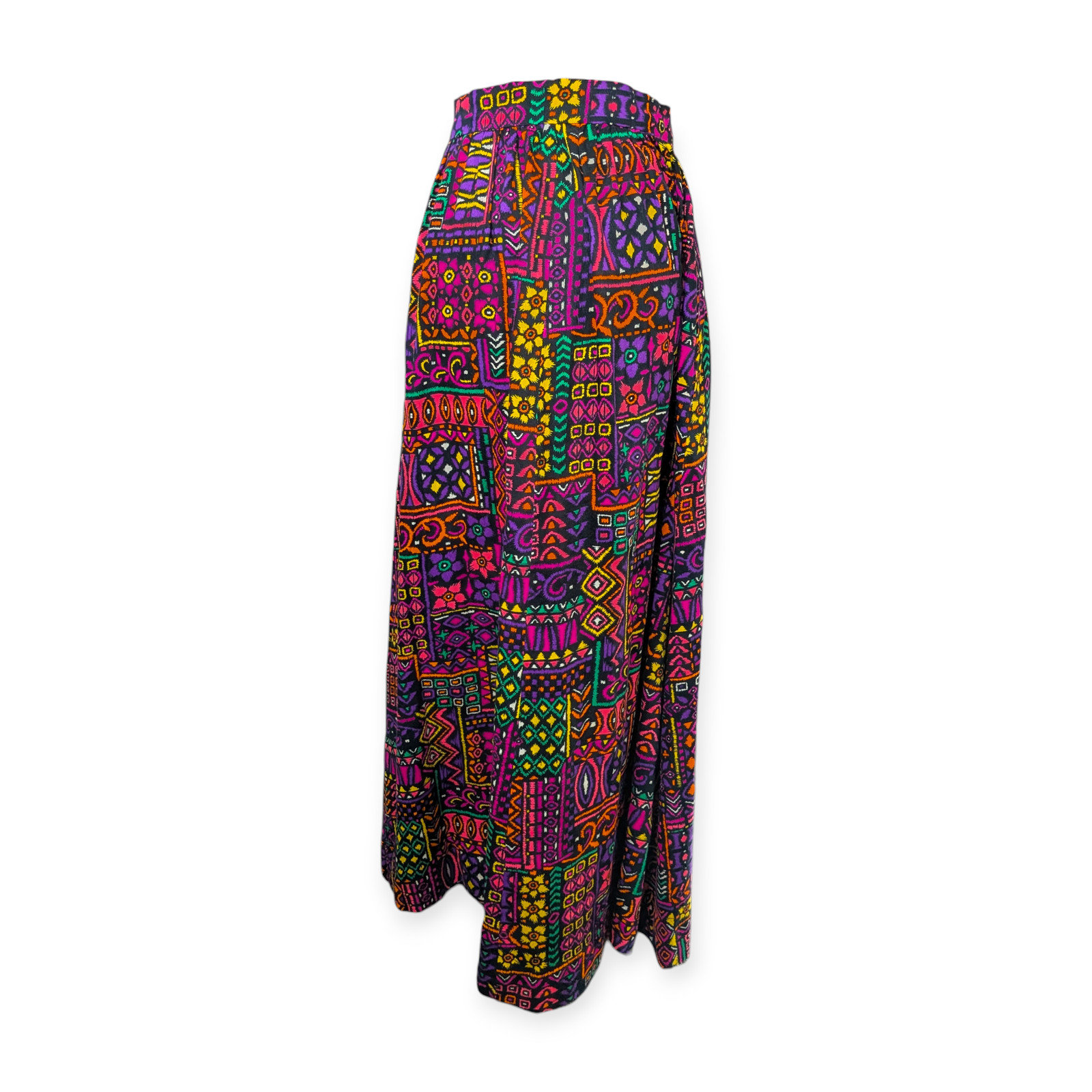 60s 70s Barkcloth Wood Block Print Maxi Skirt ~ neon small groovy