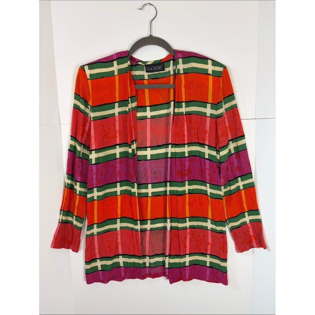 Vintage 80s 90s Phoebe Plaid Open Front Cardigan Shoulder Pads Boho M
