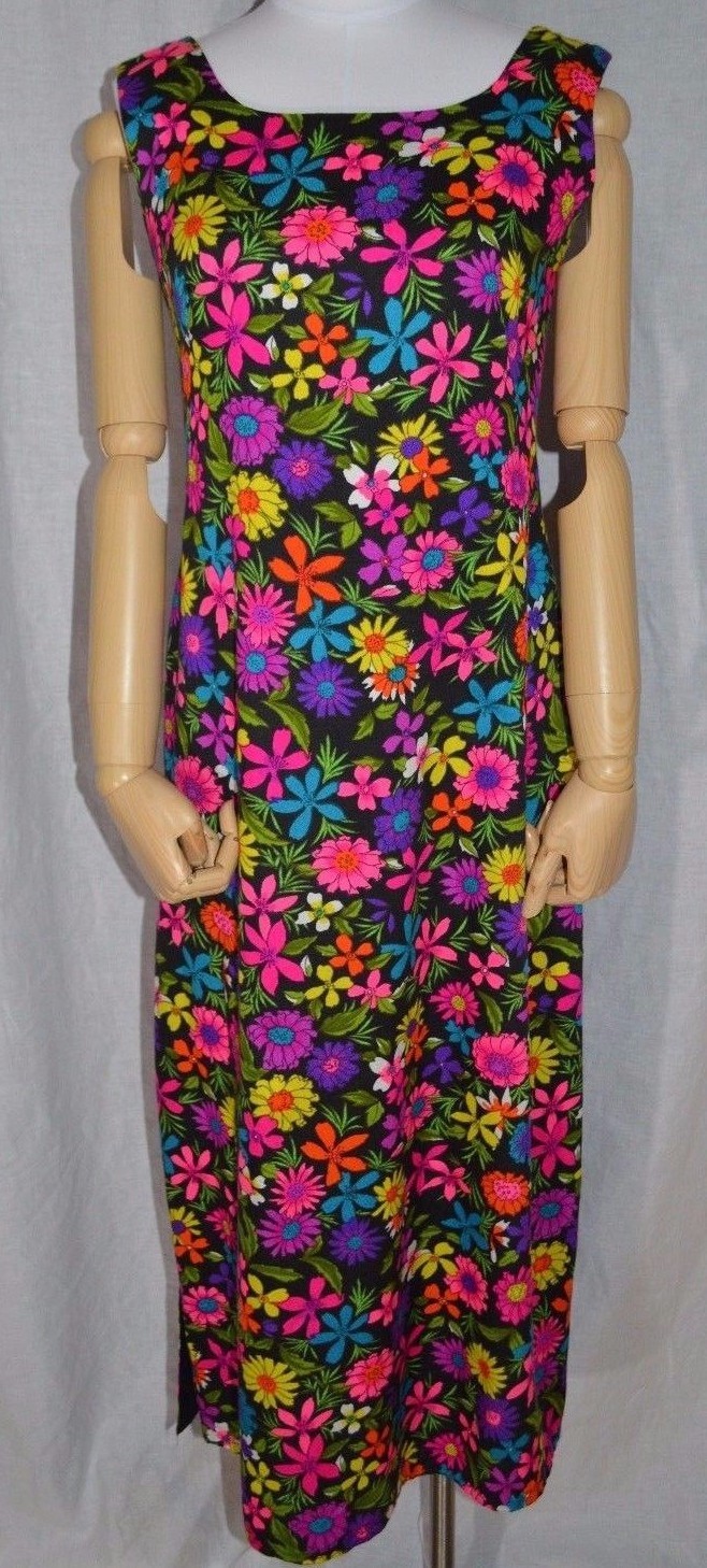 Vintage Black Multi-Color Floral Hand-Made Hawaiian Long Dress See Measurements